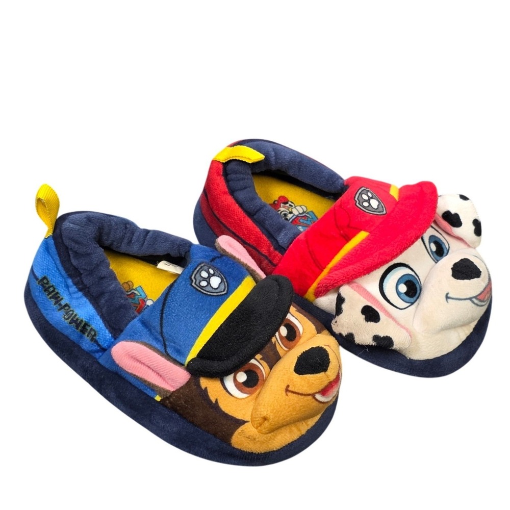 Paw Patrol Chase & Marshall Plush Slippers Boy's Size M 7/8 Blue Red  Slip On